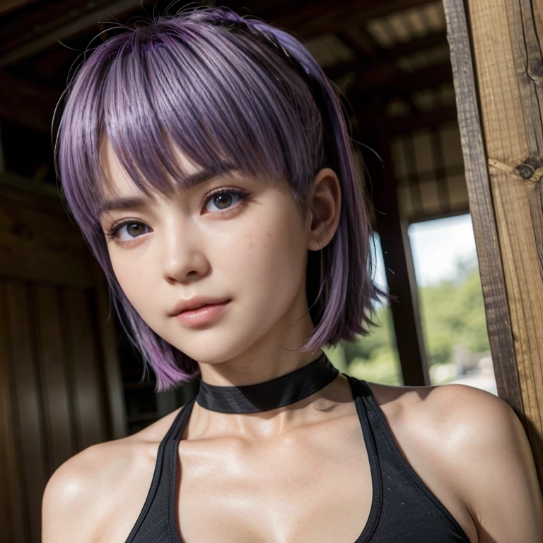 Ayane, cabelo roxo, (best quality, ultra details), (realisitic:1.37), beautiful and detailed face, ultra-realisitic texture, 精致的面容, Delicate body, red lipgloss stick, long-lasting colors. High definition, 8k.