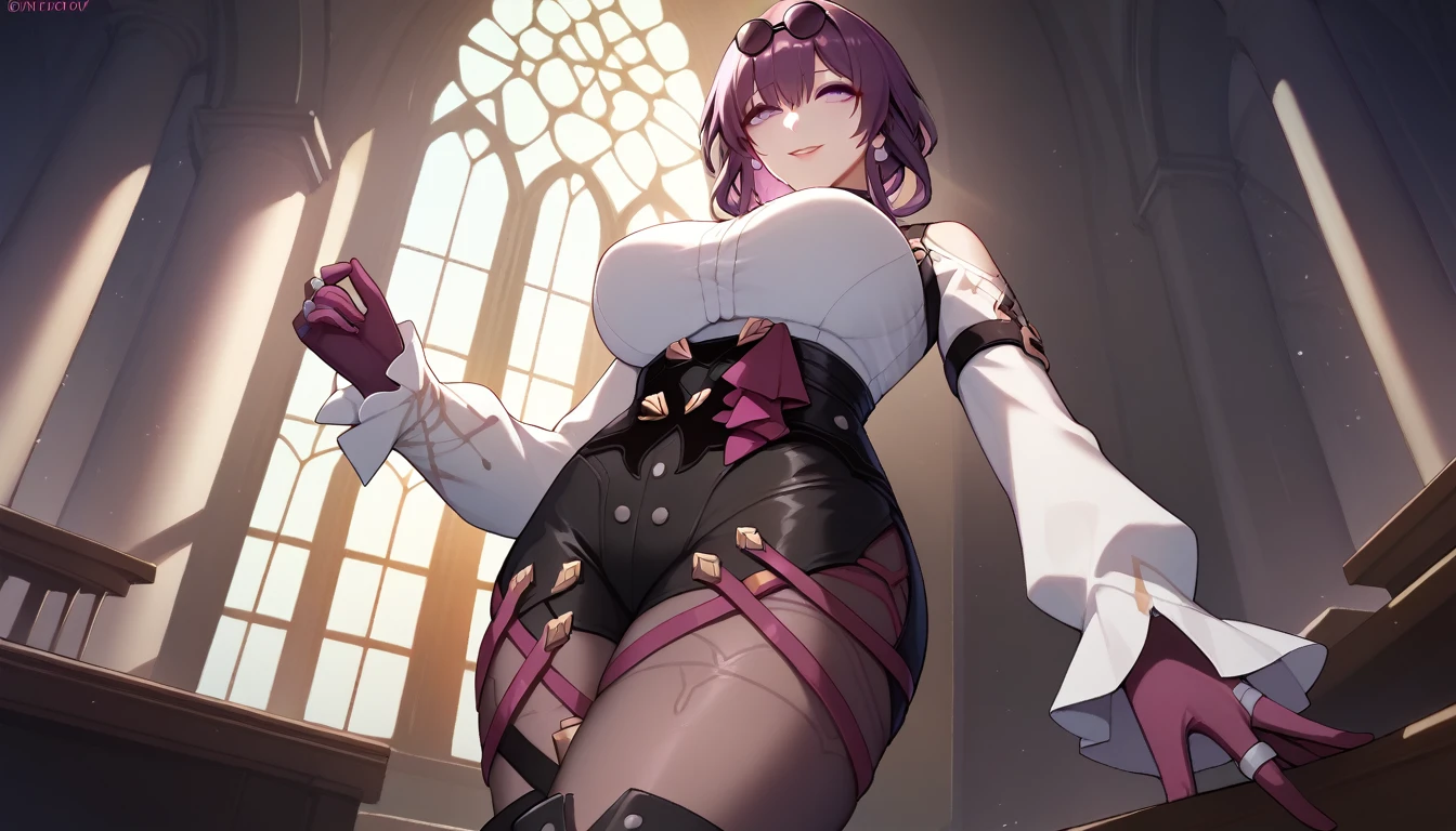 One Girl,Kafka, Purple eyes, Purple Hair, bangs, Side Lock, Please put your glasses on your head, earring, White shirt, collared shirt, Long sleeve black jacket, Jacket on shoulders, Harness, Large Breasts, Purple gloves, black shorts, High Waist Shorts, Purple thigh straps, Pantyhose Single Thigh High Boots,There are no students, Black choker, ring, Expose your shoulders, pearl earring, Armband,masterpieceAnatomically correct, 8k,(background,Inside the church,Light shines in), Composition looking up from below,Captivating smile,Close-up, 