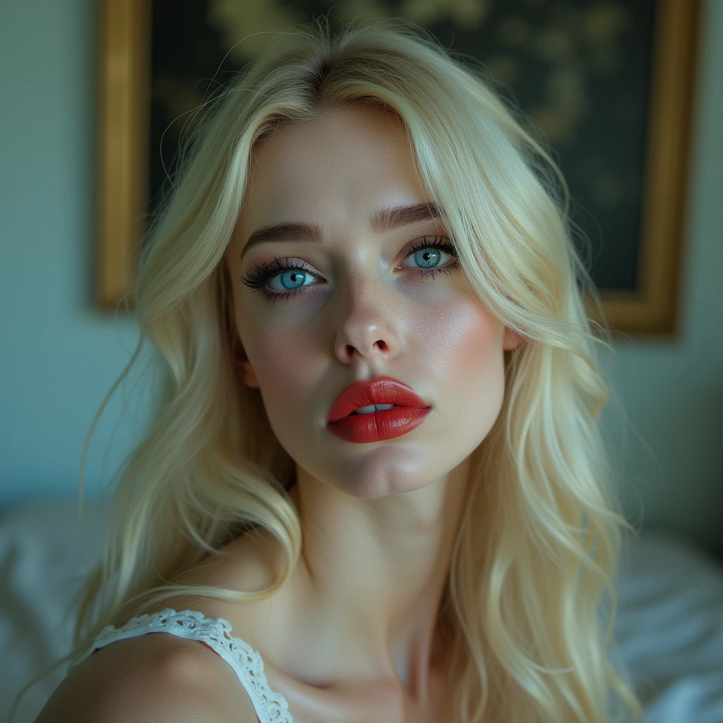 A very beautiful, very attractive and very hot woman with blonde hair, blue eyes, red lips and a hairless vagina, lying naked on the bed and caressing her vagina.