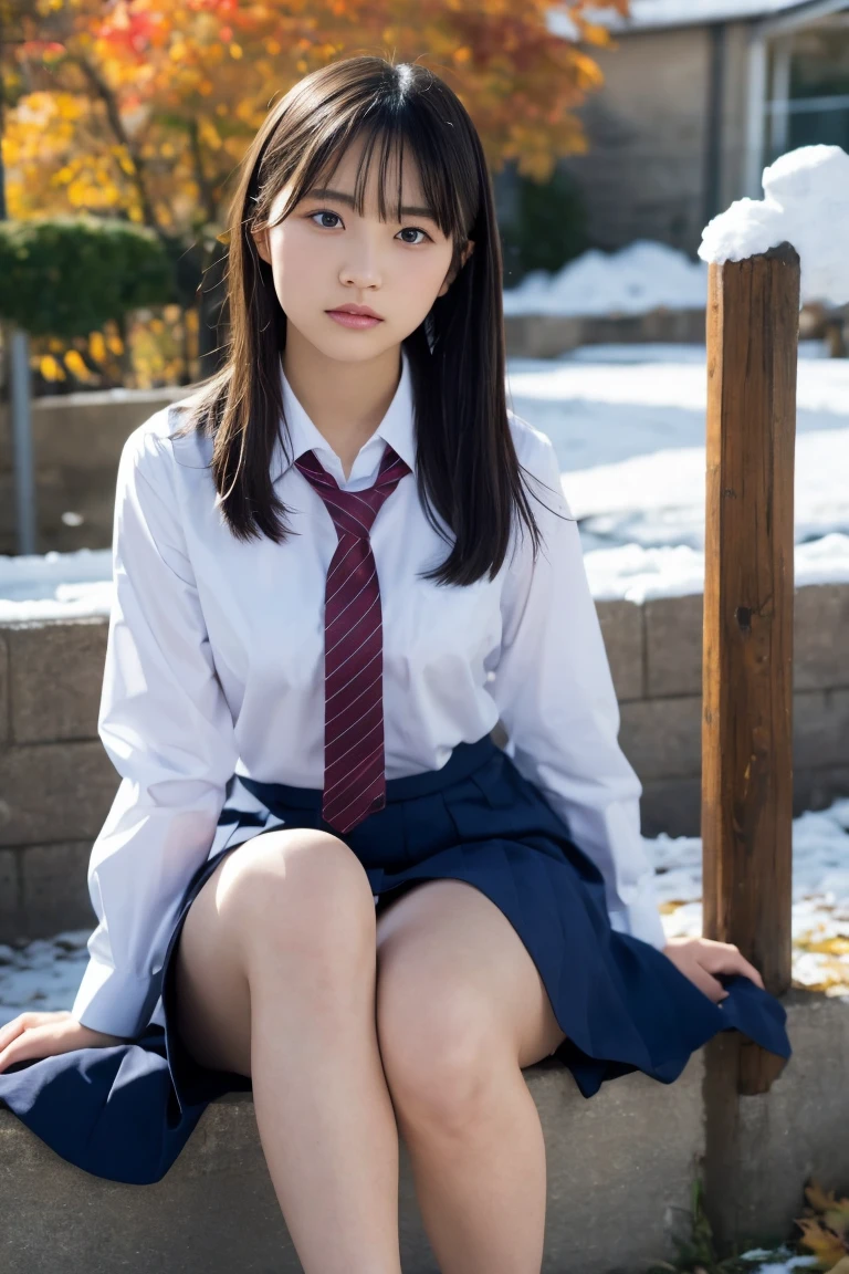 Best Quality,Ultra-high resolution,Japanese,High school girl,1 person,whole body,Black Hair, Cool look,Looking into the camera,Beautiful Skin,high school,winter,Heavy snowfall,long sleeve uniform, tie,Small breasts,Navy Skirt,White panties,Bare legs,Thin ankles,after school,Falling over,Flip,Fall down,Fall