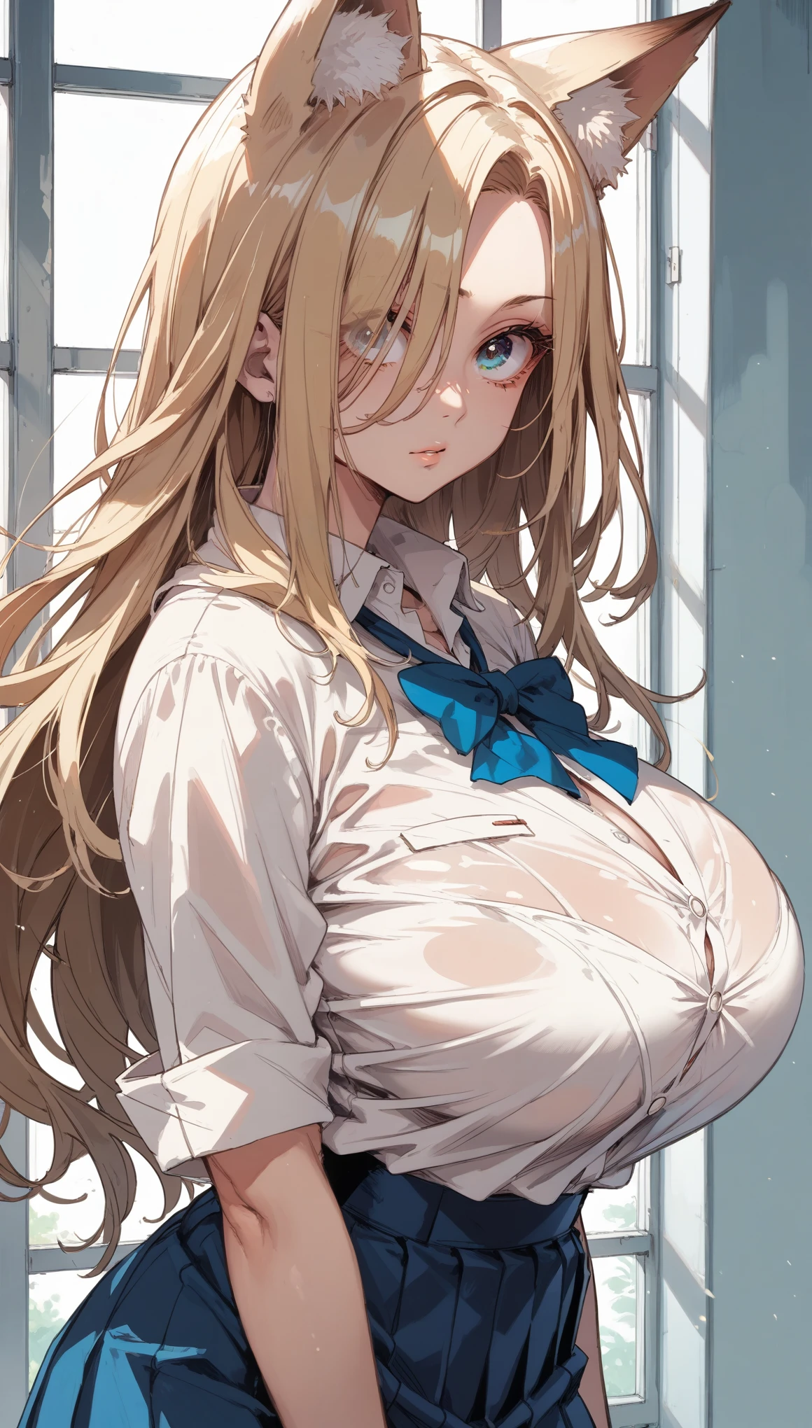 Cold Stare,(hi-quality,high resolution),(Fox Ears),(forehead,long hair over one eye),((side parted hair)),((oblong face)),((huge breasts)),((big eyes,Narrow eyes,Clear Eyes,Perfect Eyes,clear lines)),Blonde,Long Hair,Old room,Magic School Uniform,Delinquent Girl,gal,mini skirt, clothes are exposed,((anime))