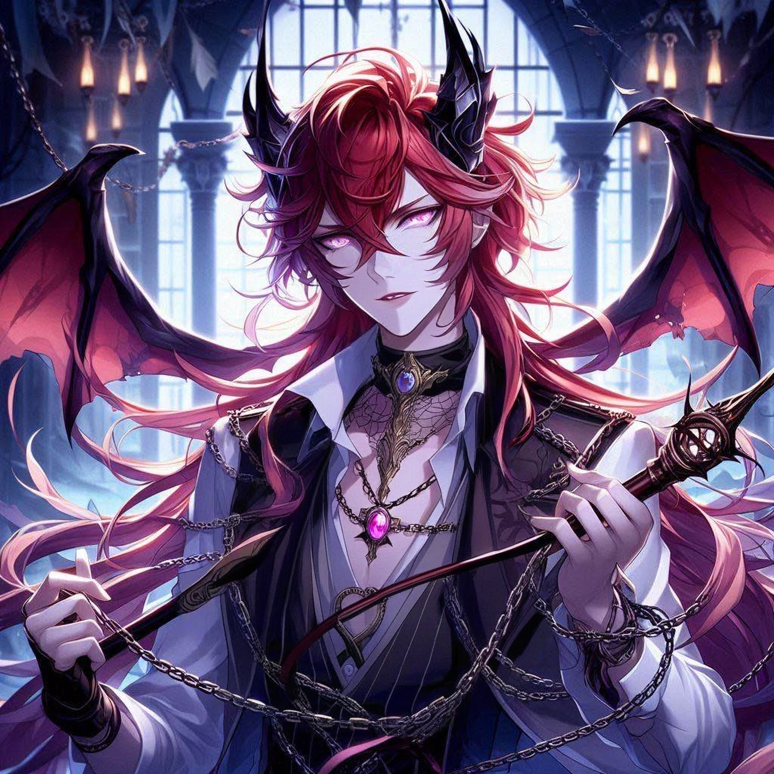 anime, anime, demon, girl, red hair, wings, gothic, gothic, masculine woman in demon slayer art, handsome japanese demon girl, dapper dream demon, beautiful female god of death, detailed key anime art, the former demon queen, demon queen, key anime art, demon boy, rias gremory, evil devious female, beautiful androgynous princess