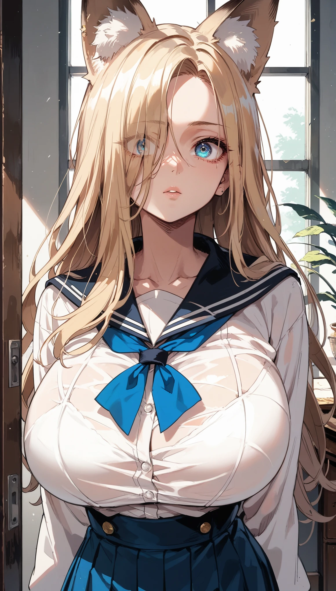 Cold Stare,(hi-quality,high resolution),(Fox Ears),(forehead,long hair over one eye),((side parted hair)),((oblong face)),((huge breasts)),((big eyes,Narrow eyes,Clear Eyes,Perfect Eyes,clear lines)),Blonde,Long Hair,Old room,Magic School Uniform,Delinquent Girl,gal,mini skirt, clothes are exposed,((anime))