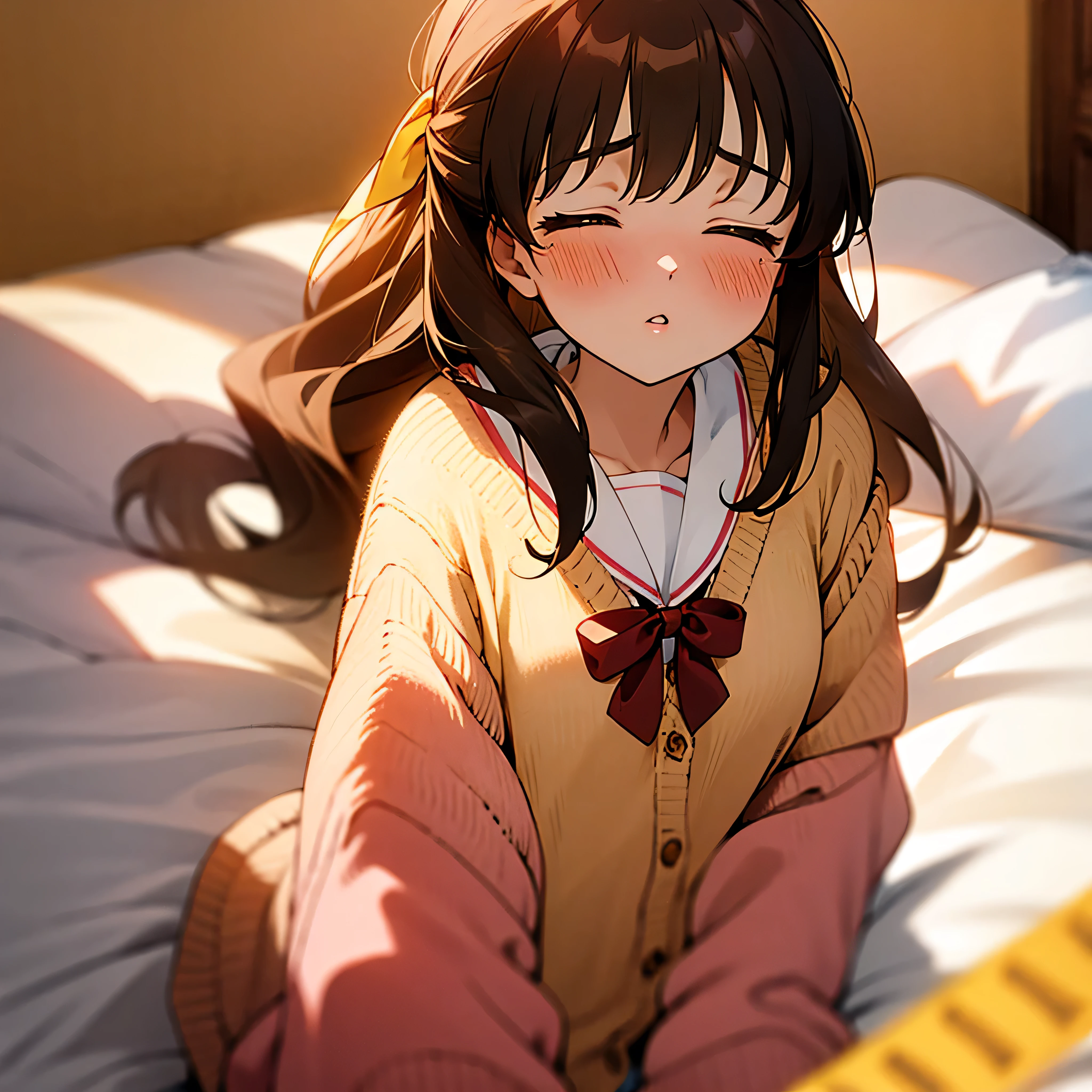 1girl, solo, nagamori mizuka, closed eyes, incoming kiss, light brown hair, {yellow tape tying hair on the back}, school uniform, {pink shirt with a red bow}, sand colored cardigan sweater, blushing intensely, parted lips, desperate, flustered, lustful, upper body, off shoulder white t shirt, bare shoulder, lying on bed