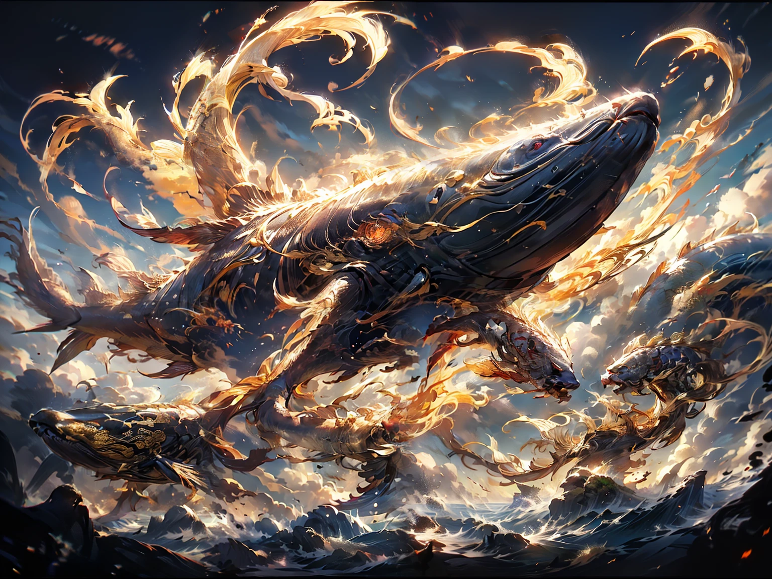 kun,Masterpiece, ultra high resolution, artwork, 3D, CG, Unreal Engine 5, Chinese mythology, red carp occupying the sky with huge body contrast, lateral body, huge fear, long fins, open mouth, sharp teeth, lightning, exquisite details, sparkling sunrise effect, light and shadow effect, scenery in the sky, scenery around clouds, bright and rich epic contrast style clock, Inspired by the realistic details in anime and character design, the film background, light yellow foreground, and low angle perspective of 32kextreme create realistic and delicate golden details in the manga.