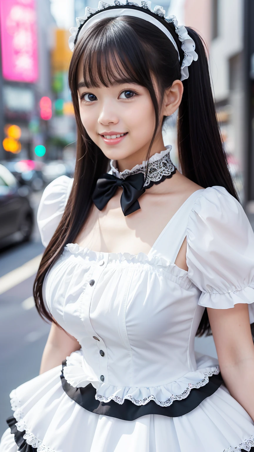 8K, Master piece, Raw photo, Best quality, Photorealistic, Highly detailed CG Unity 8K wallpaper, Depth of field, Cinematic light, Lens flare, Ray trace, (Extremely beautiful face, Beautiful lips) , Beautiful eyes), Intricate detail face, ((Super detailed skin)) 1 girl,, Deep shadow, Cute idol, 1 girl, (Very slim and slender fit muscular body: 1.3), ( (Looking at Viewer)), (Big Smile: 1.3), (Fashion City Night, Dark Night, (Neon Sign), (Blurred Background), Lolita Fashion (Maid Outfit)