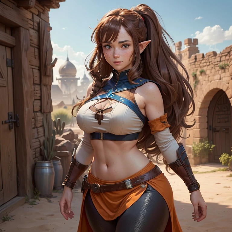 Ariel, upper body portrait, elf, beautiful, (slave clothes), sex slave, midriff, fit, long hair, cowboy shot, rear view looking back, desert background, realistic fantasy ,concept art, wearing rags, torn rags,