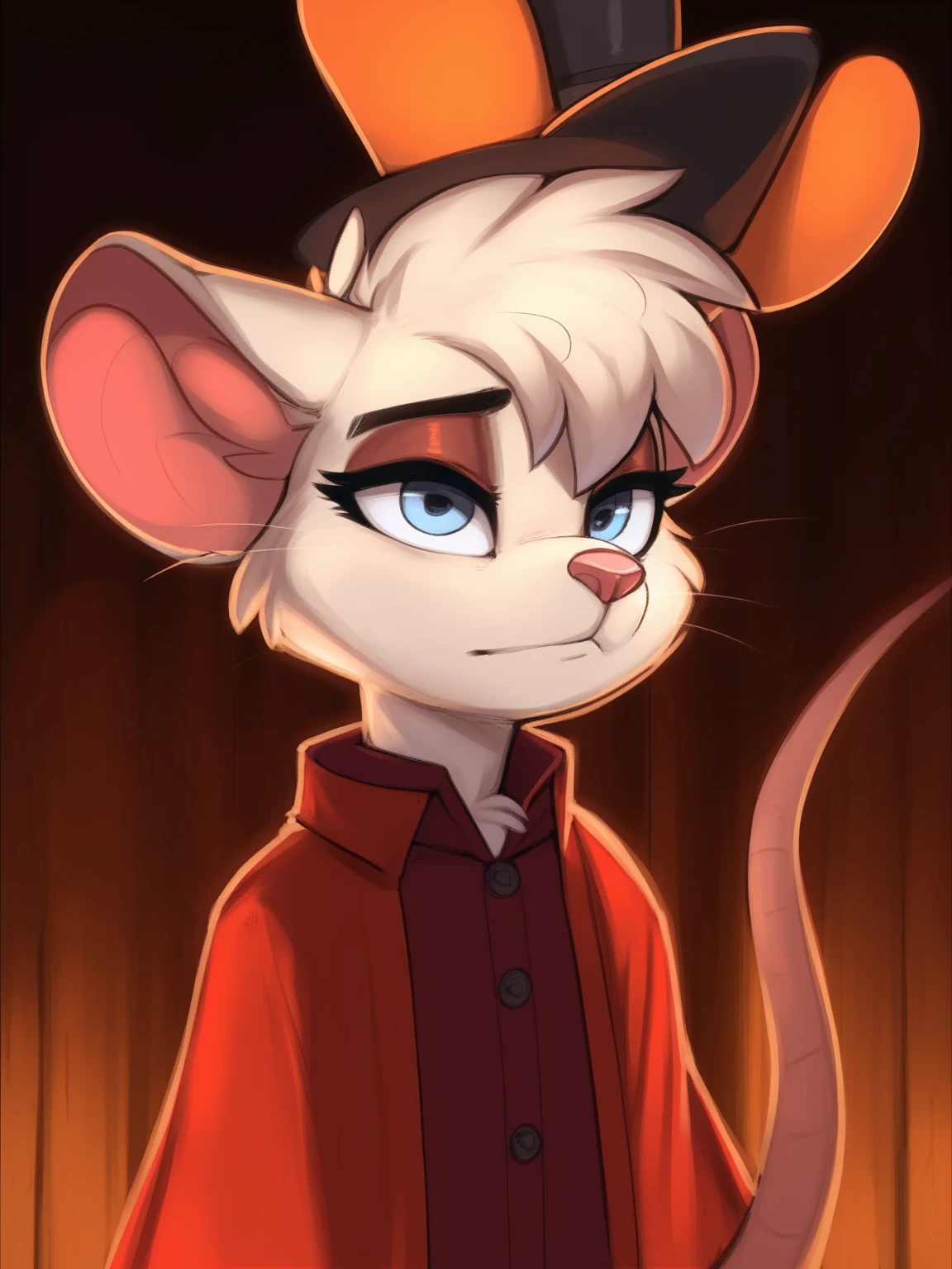 Best quality, Super detailed illustration, cartoon illustration, ultra high 4k quality, ((masterpiece, best quality)) by zackary911,zackary911, fluff-kevlar, by fluff-kevlar, anthro mouse, large mouse ears, mouse whiskers, dark orange fur, male, solo, one character, furry character, furry male. blue eyes, big fennec ears, red robe. white shirt, top hat, orange fur. fluffy fur, big mouse tail, serious face, only one tail, dark background, no hair, long goatee