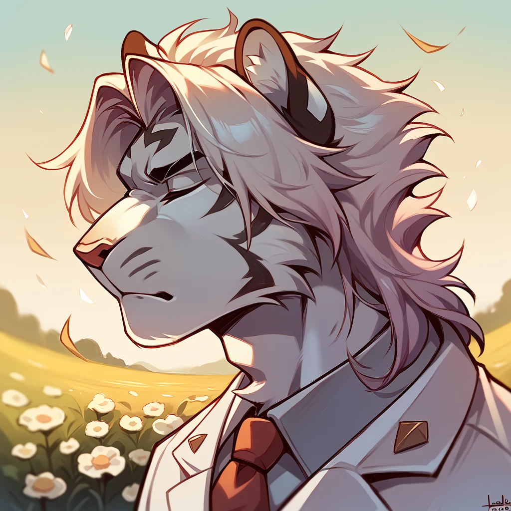 A juvenile tiger, Hairstyle (Long hair), in white suit, with eyes closed, while holding a daffodil, on the face in the middle of a field of flowers behind, bottom, necessary. 