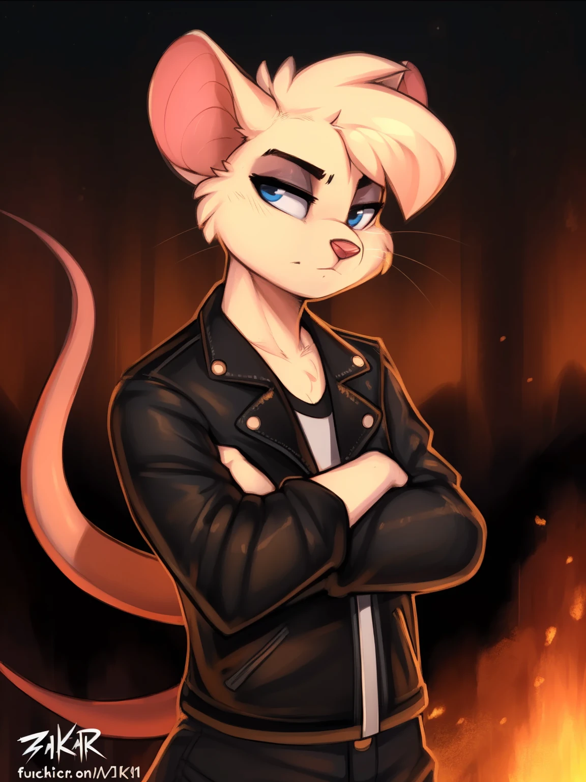 Best quality, Super detailed illustration, cartoon illustration, ultra high 4k quality, ((masterpiece, best quality)) by zackary911,zackary911, fluff-kevlar, by fluff-kevlar, anthro mouse, large mouse ears, mouse whiskers, dark orange fur, male, solo, one character, furry character, furry male. blue eyes, big fennec ears, greaser outfit. black motorcycle jacket, orange fur. fluffy fur, big mouse tail, serious face, only one tail, dark background, no hair, long goatee