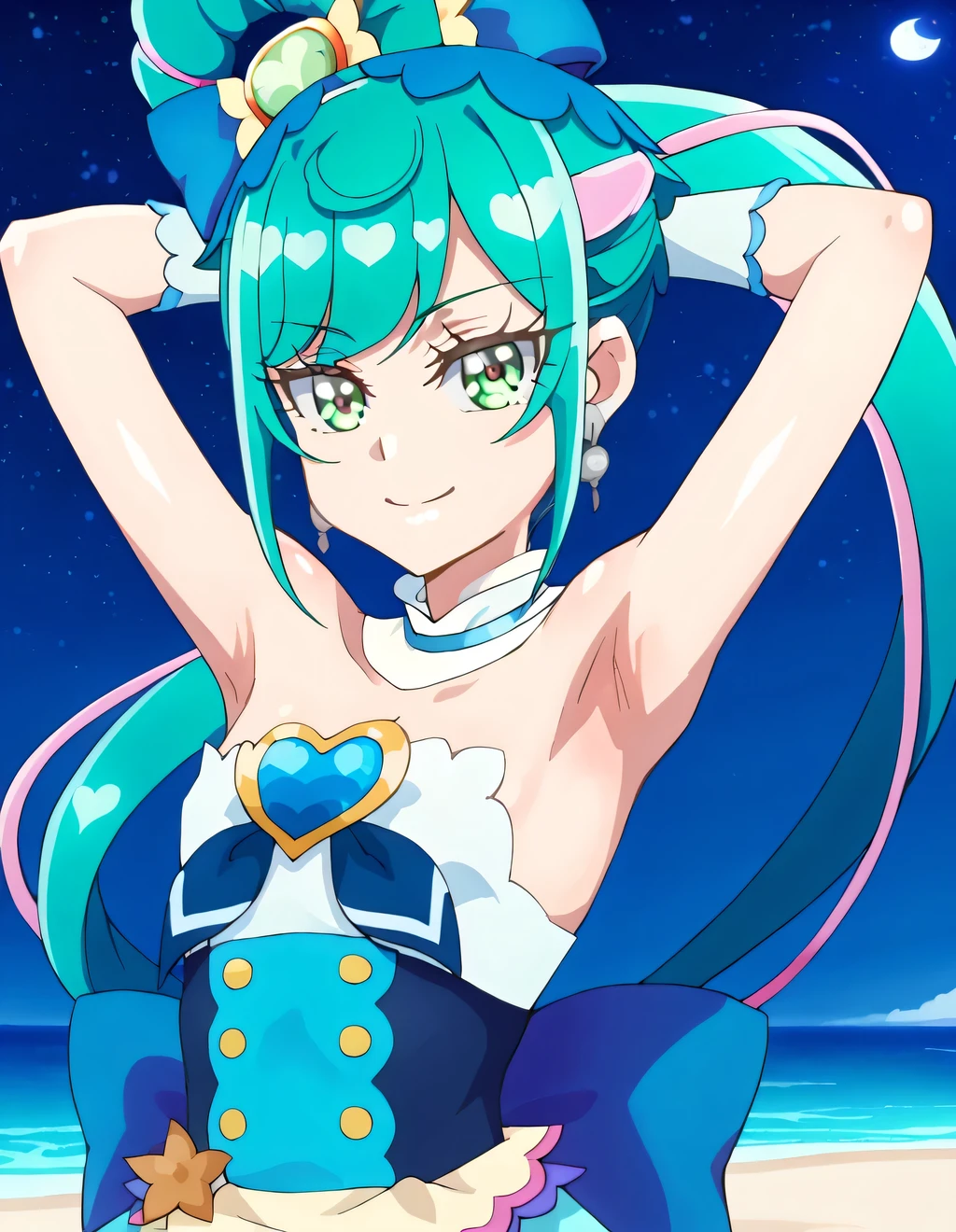 curespicy, shiny skin, high quality, small breast, solo, night sky, beach, arms behind head, {contrapposto}, closed mouth, spread armpits, cowboy shot, looking at viewer, smile, best quality,