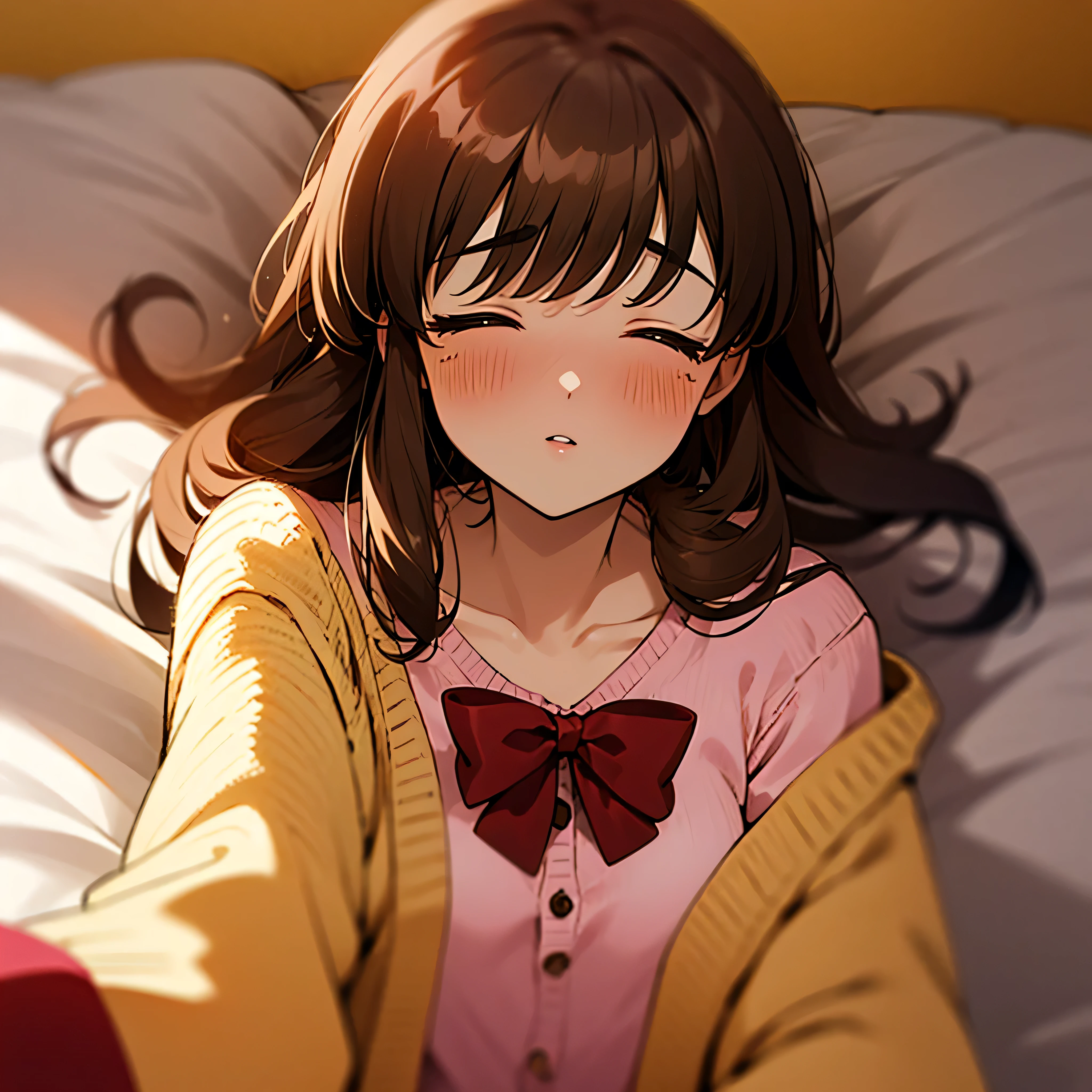 1girl, solo, nagamori mizuka, closed eyes, incoming kiss, light brown hair, {yellow tape tying hair on the back}, school uniform, {pink shirt with a red bow}, sand colored cardigan sweater, blushing intensely, parted lips, desperate, flustered, lustful, upper body, off shoulder white t shirt, bare shoulder, lying on bed