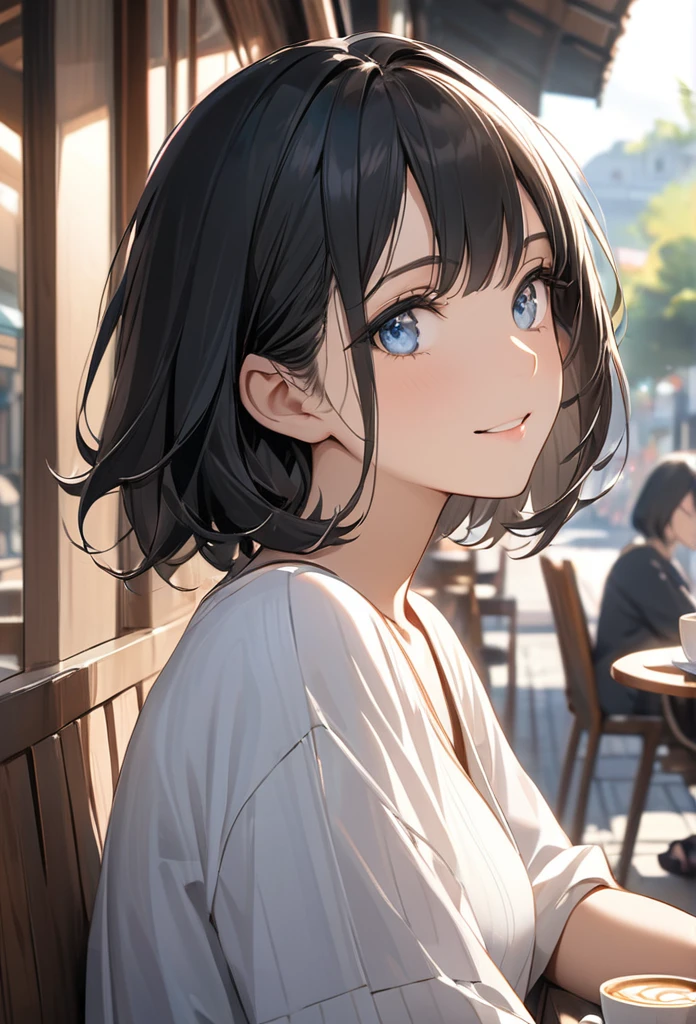 best quality, detailed face, detailed eyes, highres, 1girl, middle breast, smile, simple onepiece, (Charming, Puffy eyes:1.2), good anatomy, looking at viewer, soft focus, Golden hour lighting, depth of field, happy expression, shortcut hair, outdoor, (profile shot:0.3)