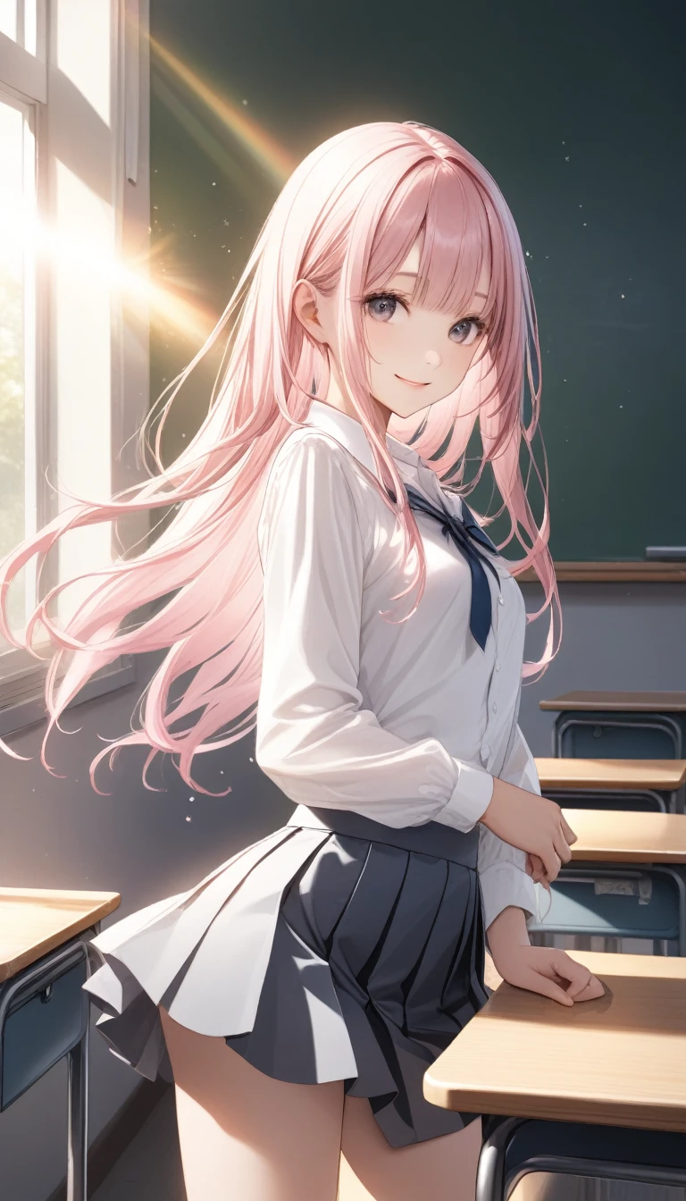 One,Cute girl,Young face、Slim figure、Thin legs、8Head to Body、((White pink hair color、Inner color hairstyle、Straight hair type、Neat hairstyle)), (((White shirt、mini skirt)))、Beautiful Hair, Facial Contour, Remember、illumination、Splash, Lens Flare,Natural Color, High resolution, Very delicate, Very detailed, 8k,Shyness、Slightly swollen breasts、A confident smile、School classroom