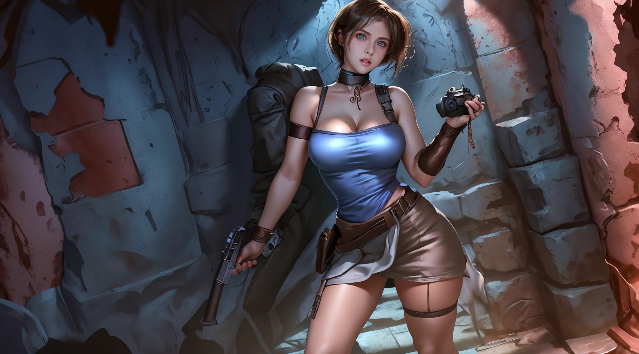 score_9, score_8_up, score_7_up, 1girl, solo, jill valentine, bob cut, short hair, blue eyes, black lingerie and stockings, black skirt, fingerless gloves, cleavage, candles, night, long fingernails, hell palace, angry look, feet, female focus, blue eyes, fantasy, arms in chains, arms up, metal hand cuffs, bondage, (enchained, iron chains:1.2),