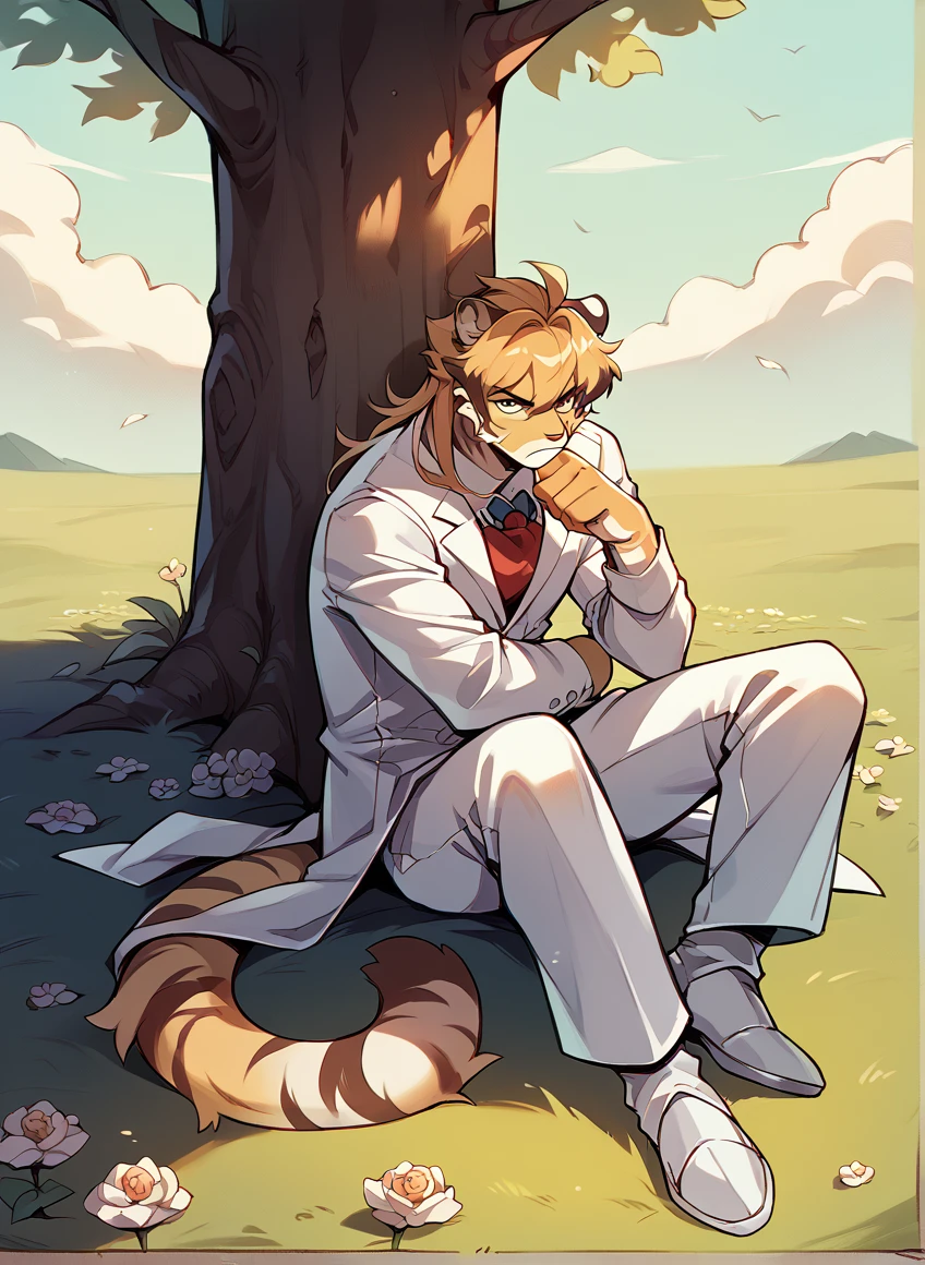 A juvenile tiger, Hairstyle (Long hair), in white suit, Serious, looking the other way, thoughtful gesture, thinker, sitting under a red tree, full body, in the middle of a field of flowers behind, bottom, necessary. 