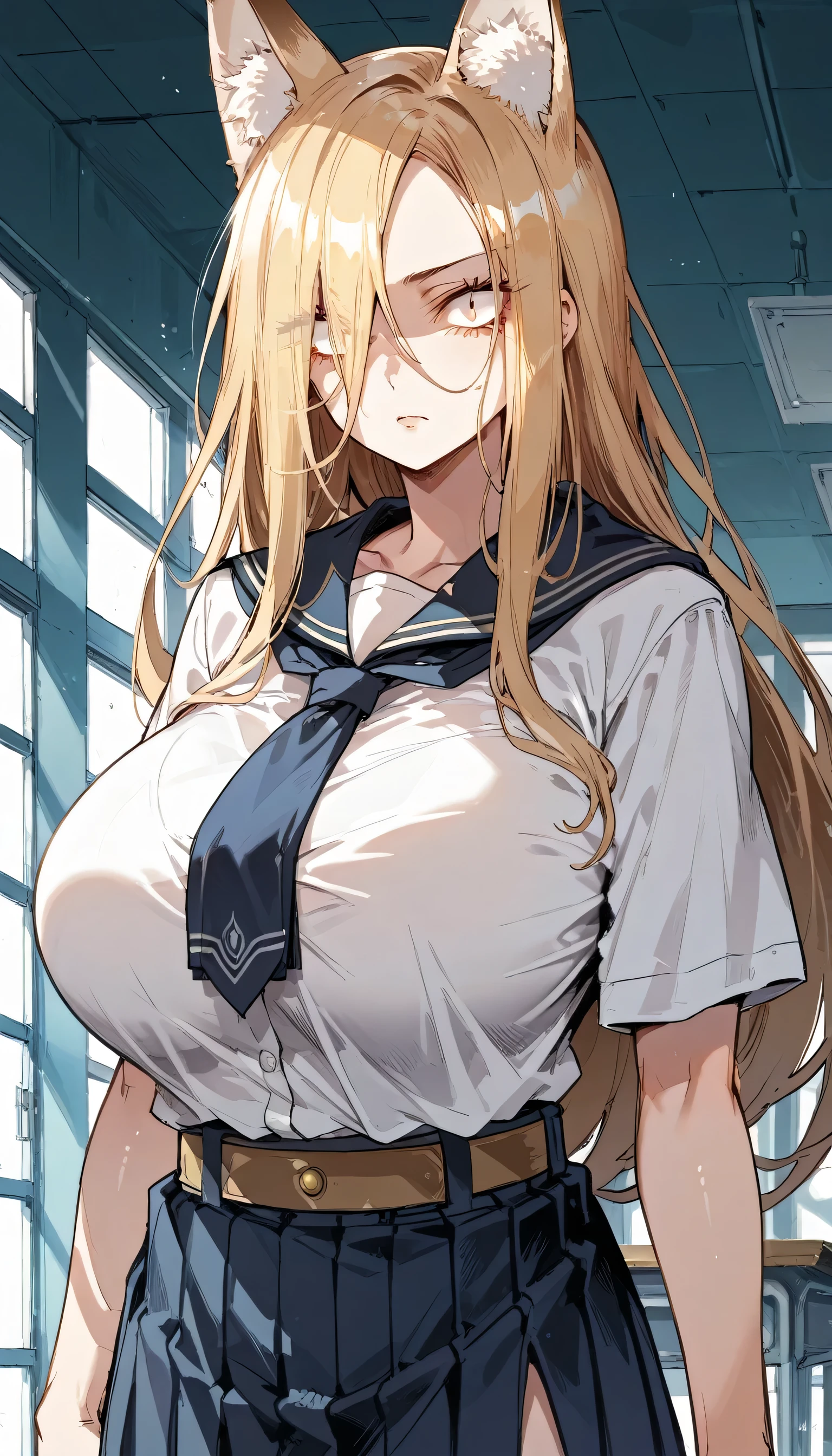 Cold Stare,(hi-quality,high resolution),(Fox Ears),(forehead,long hair over one eye),((((long slit eyes)))),((side parted hair)),((oblong face)),((huge breasts)),(((very narrow eyes)))((Clear Eyes,Perfect Eyes)),((clear lines)),Blonde,Long Hair,Old room,Magic School Uniform,Delinquent Girl,gal,mini skirt, clothes are exposed,((anime))