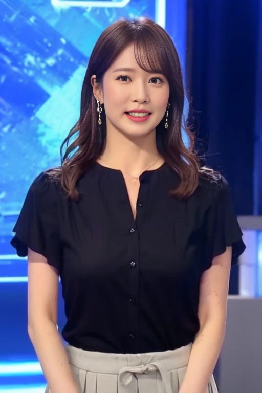 (Best Quality, 8k,),One girl, Beautiful TV presenter lifts her skirt gracefully、Showing off her amazingly hairy pussy, announcer, Lifting skirt during news program, Cowboy Shot, In the TV studio, weather forecast