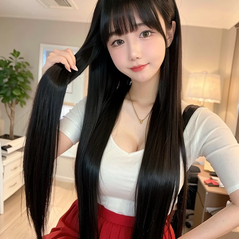 (((A real beauty))), RAW Photos, Black Hair、folder、Round eyes、False eyelashes、Straight Hair, Wavy Hair、correct、Crimson lipstick、Striped Hair、Brown Hair、Blue Hair、(Gradient Hair)、Asymmetrical Hair、Hair behind the ear、Crossed bangs、Long Hair、((お尻までLong Hair))、Long Hair、Straight bangs、Smooth, silky hair、Hair up on one side、とんでもなくLong Hair、Light brown eyes、Ring Eye、Round eyes、Wicked Smile、A light smile、Cast a Shadow、(Extraordinary presence)、Atmospheric perspective、Backlight、Exposure、Lens flare、、最high quality、超High resolution、超High resolution、Very realistic, masterpiece、correct、Textured skin、high quality、最high quality、Awards、32k, 髪のfolder、Cunning、（smile）、Shy laugh、Redness in the ears、correct、Subjective、Shine、360° View、Very detailed、超High resolution、解剖学的にcorrect、masterpiece、Emphasize the chest、High resolution、High detail、Long eyelashes、A slight blush、Compensate, (((Full Body Shot)))、（Hands on hips）、Captivating pose、Shooting from a distance、Various angles of view、Sony FE、Hair blowing in the wind、（Double teeth）