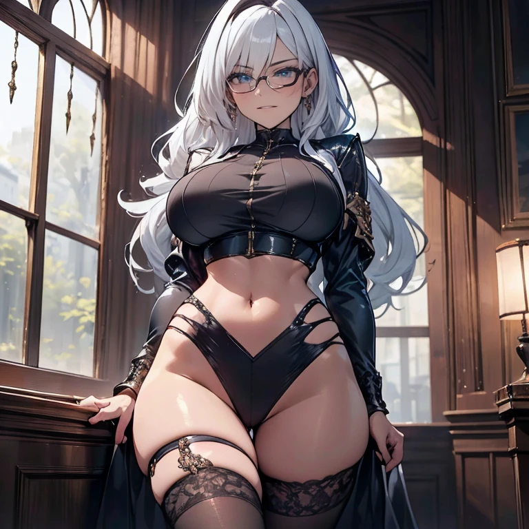 ((best quality)), ((masterpiece)), (detailed), ((highres)), In lavish manor library,  extremely long white hair. Fluffy white cat ears. Long white cat tail on butt, 1catgirl, 20 year old, Curvy body, selfish, bratty, snickering, naked. Heterochromatic eyes, one blue eye, one gold eye. No shoes, black fishnets, nude, no clothes 
