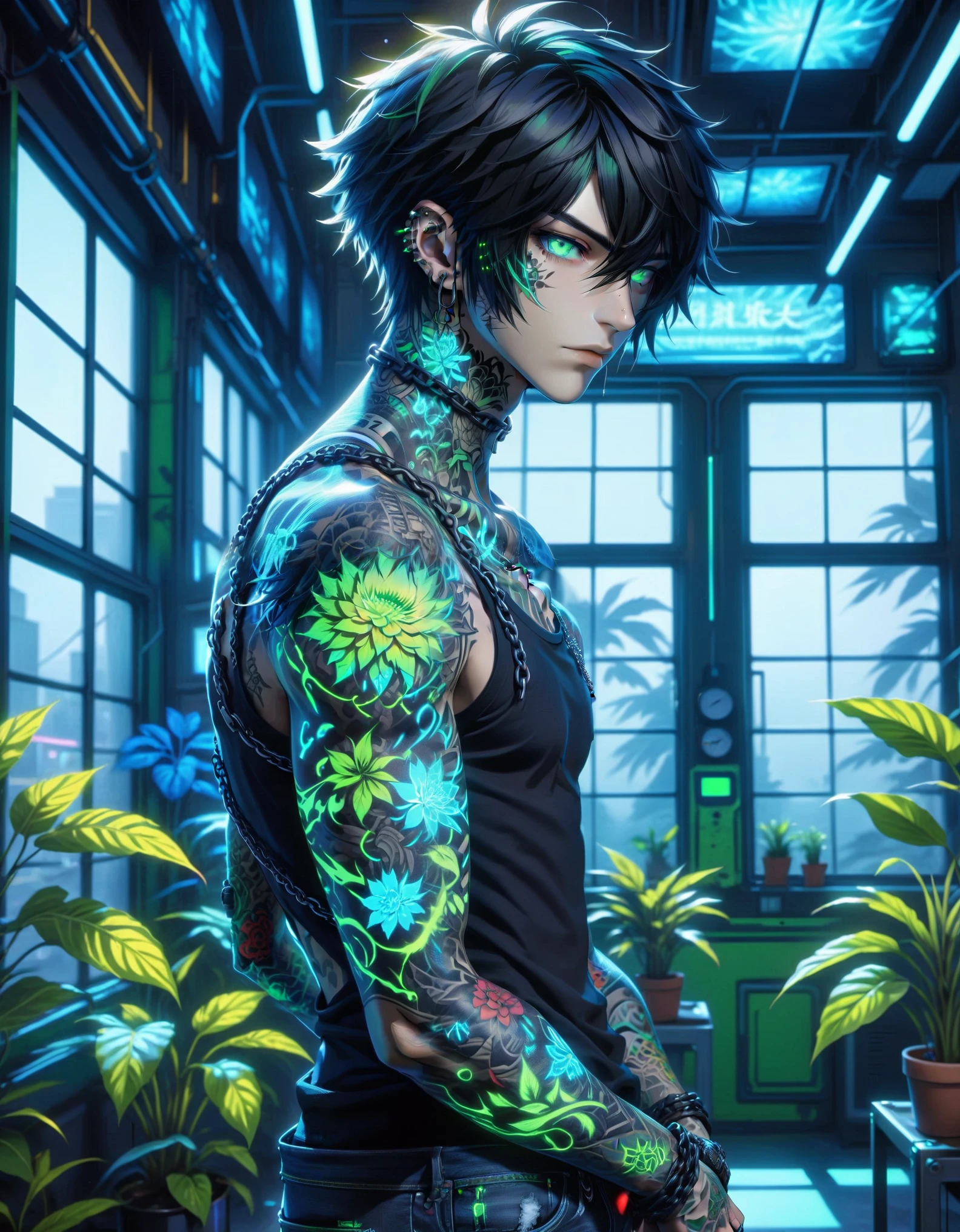 quality masterpiece, anime style, solo, male, skinny, muscular definition, black emo hair, ((green highlights in hair)), (scruffy short hair), green eyes, nose piercing, Ear piercing, Spiked Collar, long black painted nails, body covered in tattoos, black tank top, black Janko Jeans, (chains on jeans), in a science lab with plants, (cyberpunk style background), futuristic scientific equipment, window that shows outside, Day time,