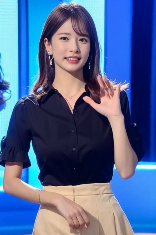 (Best Quality, 8k,),One girl, Beautiful TV presenter lifts her skirt、Showing off her pussy, announcer, Lifting skirt during news program, Cowboy Shot, In the TV studio, weather forecast