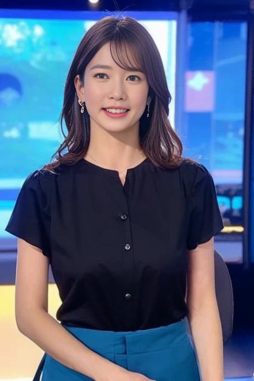 (Best Quality, 8k,),One girl, Beautiful TV presenter lifts her skirt、Showing off her pussy, announcer, Lifting skirt during news program, Cowboy Shot, In the TV studio, weather forecast