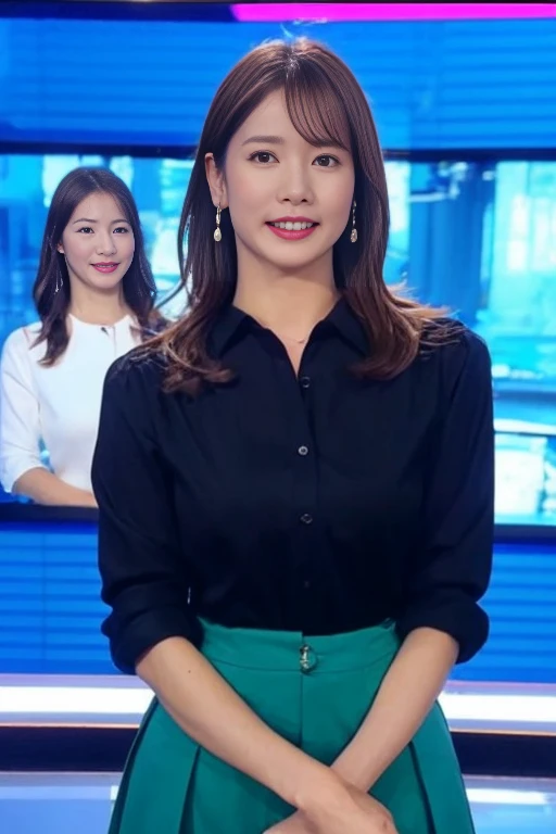 (Best Quality, 8k,),One girl, Beautiful TV presenter lifts her skirt、Showing off her pussy, announcer, Lifting skirt during news program, Cowboy Shot, In the TV studio, weather forecast