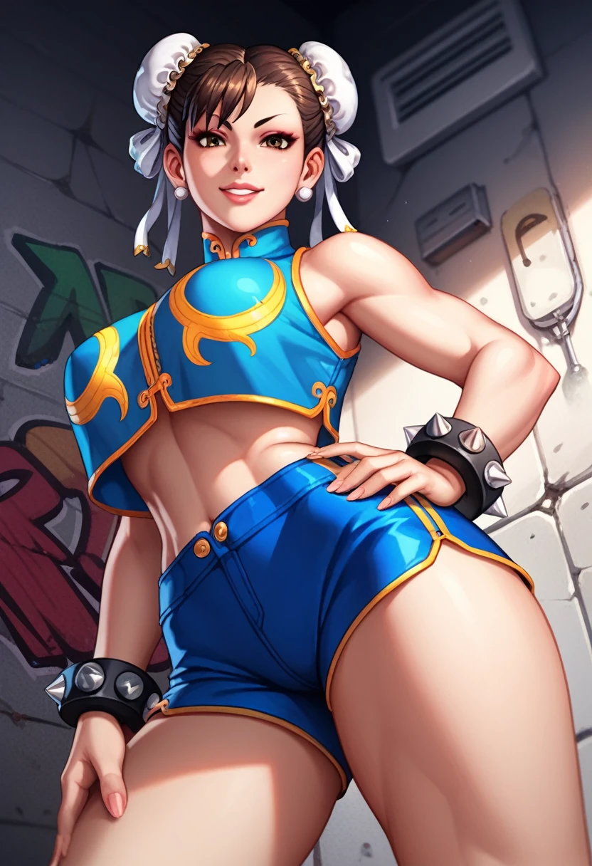 Scoring_9, Scoring_8_above, Scoring_7_above, Scoring_6_above, source_cartoon, BREAK masterpiece. Chun Li , brown eyes, double bun, yellow ribbon, topper azul, crop top tight body shaper sleeveless, Erect breasts , hand on own hip, looking at the viewer, smile, lips parted,view below, smile, lips parted, beco, concrete wall, graffiti naked hands short blue leather shorts , crotch marked on shorts 