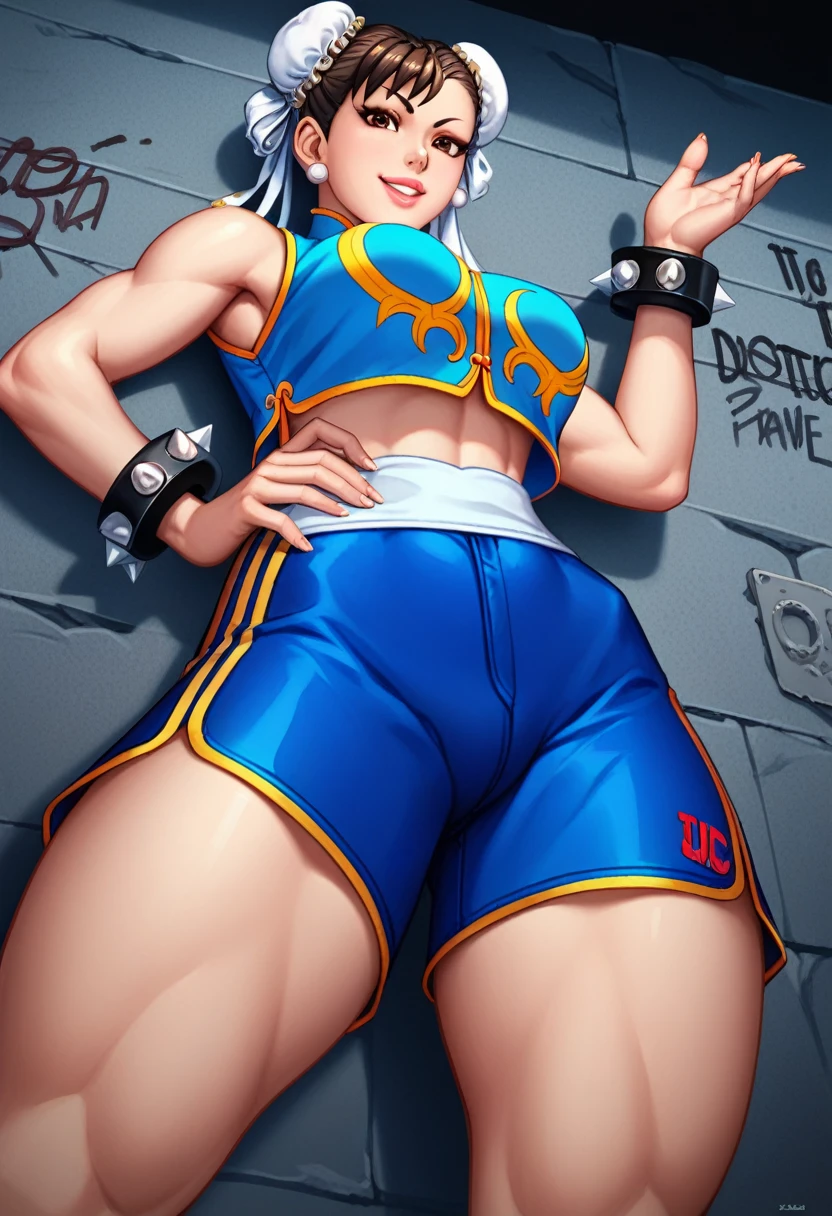 Scoring_9, Scoring_8_above, Scoring_7_above, Scoring_6_above, source_cartoon, BREAK masterpiece. Chun Li , brown eyes, double bun, yellow ribbon, topper azul, crop top tight body shaper sleeveless, Erect breasts , hand on own hip, looking at the viewer, smile, lips parted,view below, smile, lips parted, beco, concrete wall, graffiti naked hands short blue leather shorts , crotch marked on shorts 