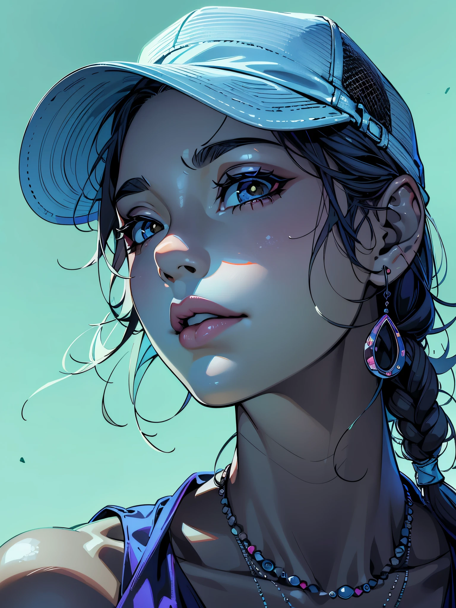 Close up Illustration portrait of a woman wearing a baseball hat, wearing a tank top with a stunning necklace, looking up and to the side, ((clean background single color)), she’s thinking intently, dark hair, beautiful face, slight smile, stunning digital illustration, beautiful digital artwork, realistic digital art 4k, beautiful digital painting