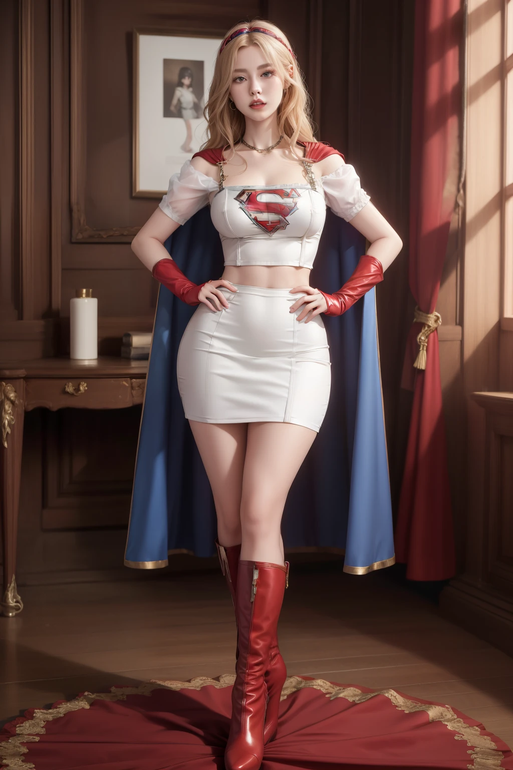 Full body,sexy Supergirl long blonde hair and blue eyes, black hairband, white croptop, short sleeves, red cape, blue pencil skirt, red boots, white gloves