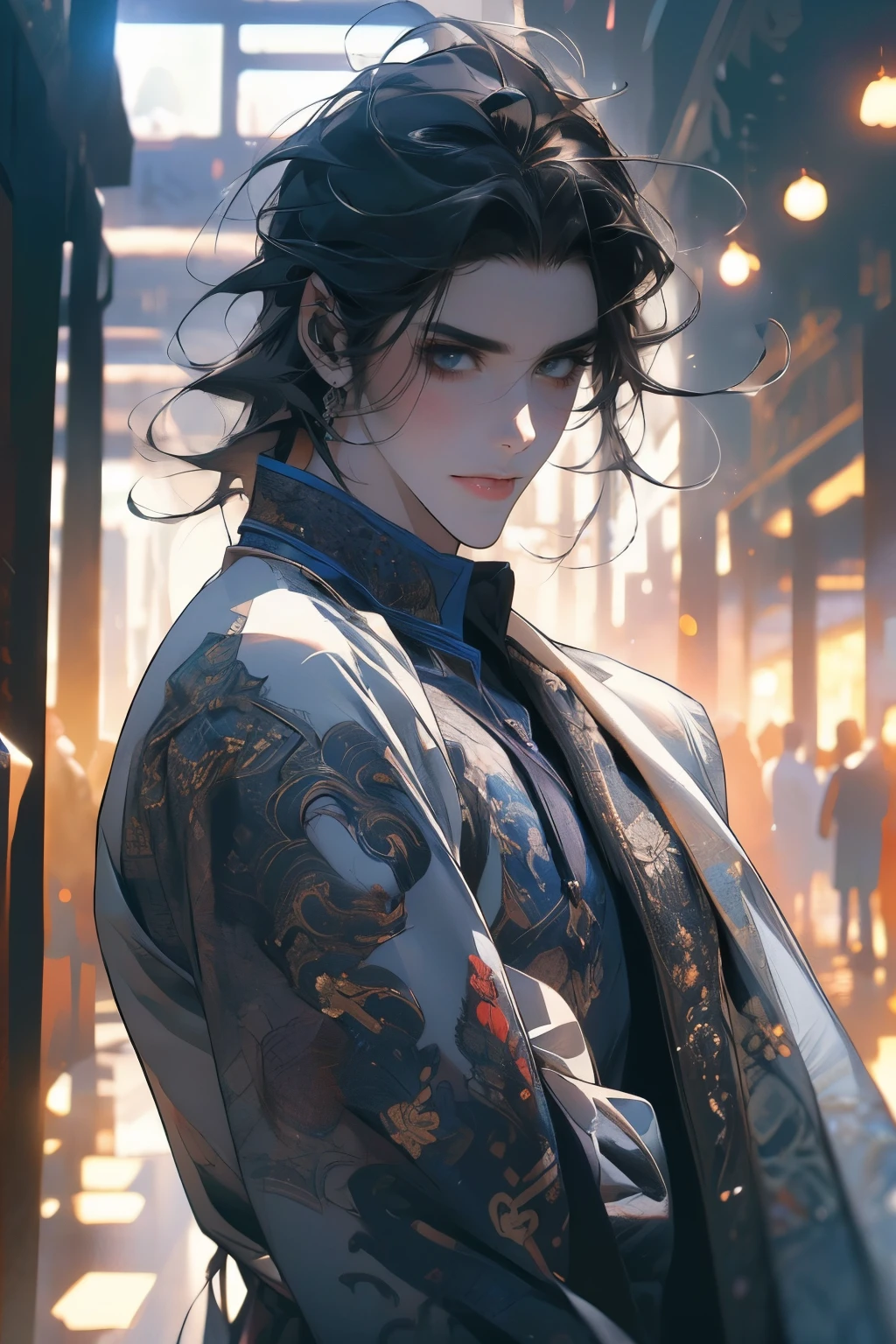 (tmasterpiece, high resolution, ultra - detailed:1.0), (1 man, mature male, masculine face), Perfect male body, tall and strong, Adult male, Delicate eyes and delicate face, Extremely detailed CG, Unity 8k wallpaper, Complicated details, Detailed face, (gray black hair, messy hair, blue eyes, serious faces, white shirts,Bad students), (frown,evil smile:1.3), stad in school corridor, street style, color difference, Depth of field, dramatic shadow, Ray tracing, Best quality, Cinematic lighting, offcial art,Portrait