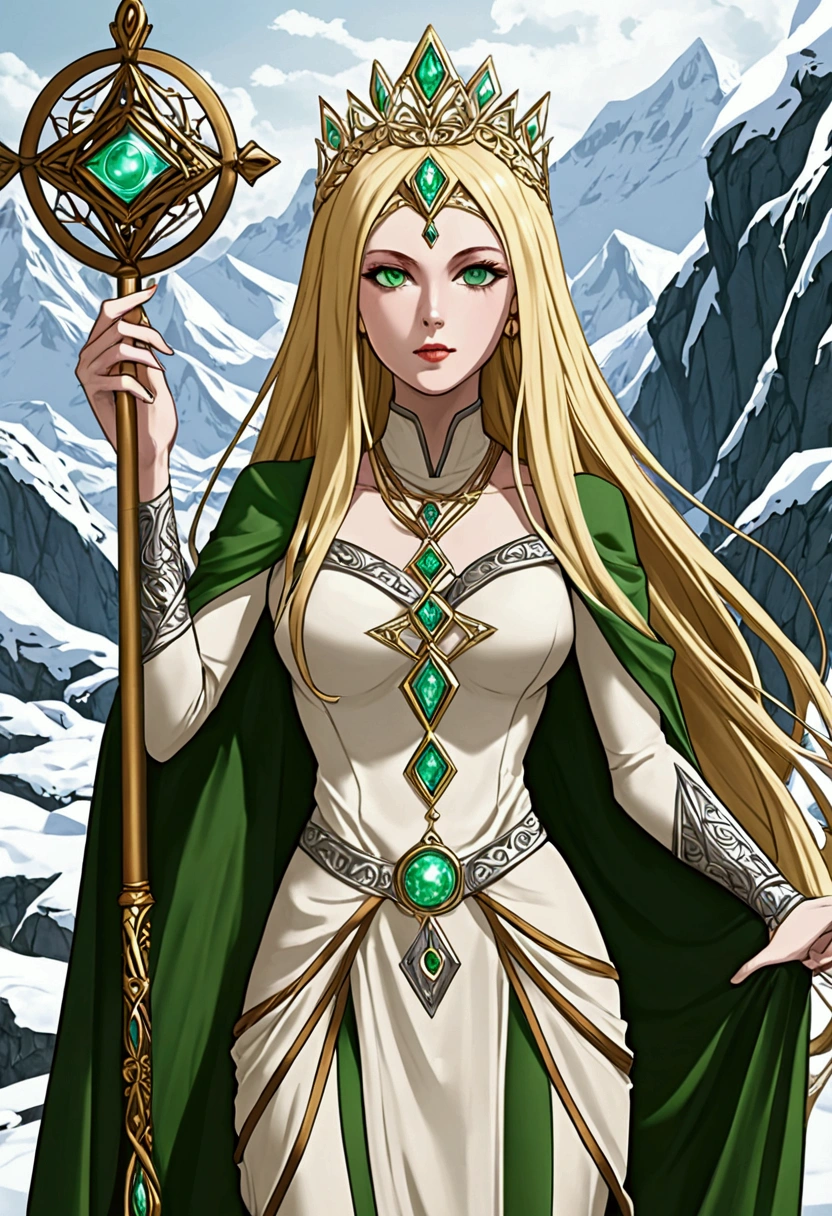 Snow Mountain Sorceress Tall Pale Woman Straight Golden Hair Green Eyes, monk&#39;s clothes, grayish skin, silver tiara, magic runes, body on display, culturalbody, magic scepter.