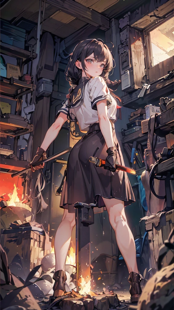 (Blacksmith schoolgirls, teenage girls, Soft lips, Glowing Skin, Braided Hair, Soft Skin:1.25, Hair Ribbon, Concentrated expression,Long, oversized leather gloves that cover the arms:1.25,Swing Big,holding a hammer in hand,Staring at the sword,she:1.25),(8k, Best Quality, masterpiece:1.2, masterpieceHighly detailed, Very detailed), Vibrant colors, Line art,Flames Dancing