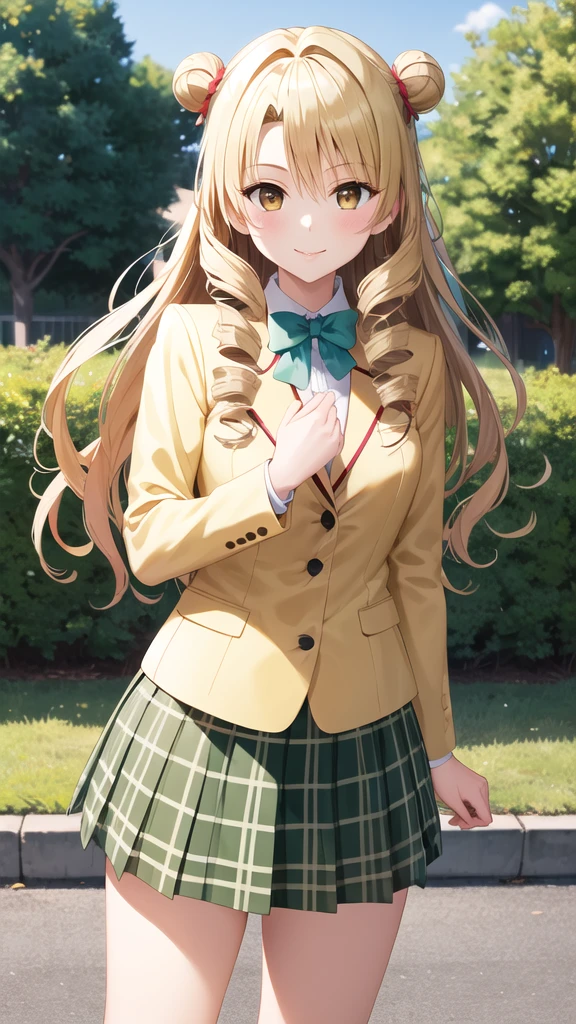 masterpiece, best quality, highres, 1girl, solo, long hair, blonde hair, double bun, drill hair, brown eyes, school uniform, green bowtie, blazer, yellow jacket, long sleeves, plaid skirt, green skirt, standing, cowboy shot, outdoors, smile,