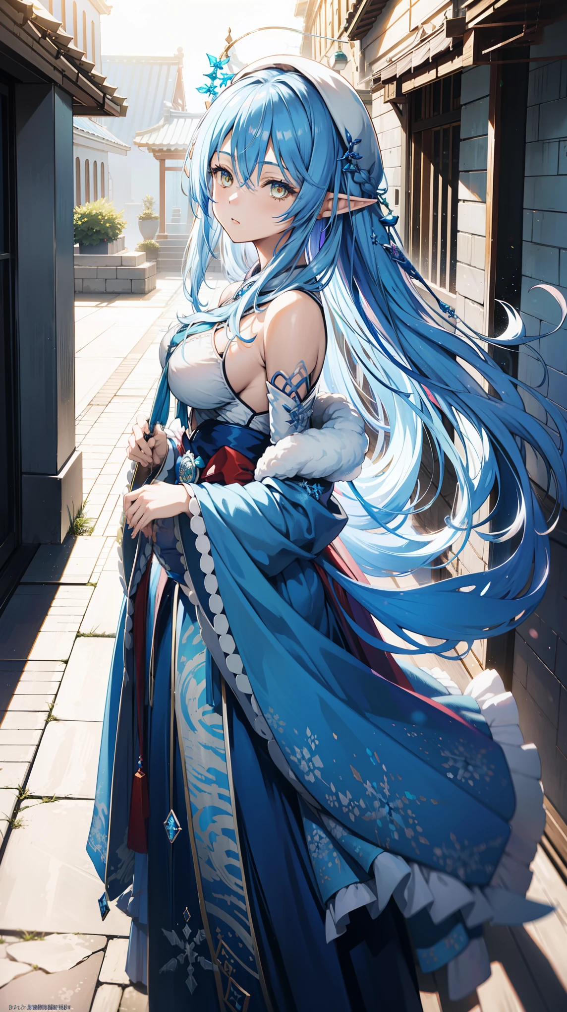 Anime Girl, Fantasy illustration, Flowing hair，Blue Japanese style long skirt，Transparent Clothes， Beautiful young elf, Dark blue hair，Medium to short hair，Hair editing，hat，Happy，Beautiful fantasy anime, 闪亮Flowing hair, Ethereal Anime, Beautiful anime artwork, Beautiful digital artwork, Anime Fantasy Artwork，Snowflake Rummy