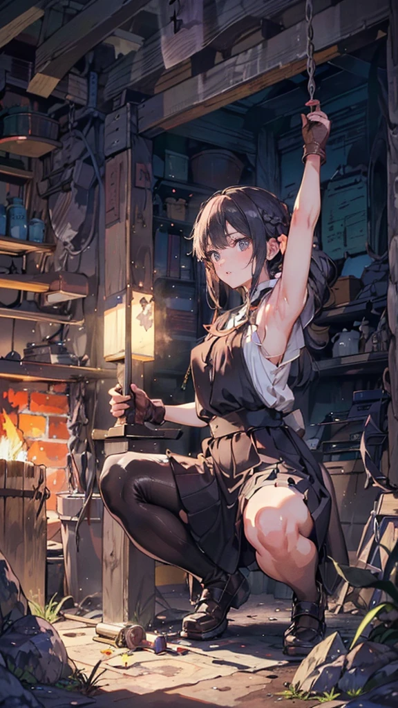 (Blacksmith schoolgirls, teenage girls, Soft lips, Glowing Skin, Braided Hair, Soft Skin:1.25, Hair Ribbon, Concentrated expression,Long, oversized leather gloves that cover the arms:1.25,Swing the hammer high,holding a hammer in hand,Staring at the sword,she:1.25,squat),(8k, Best Quality, masterpiece:1.2, masterpieceHighly detailed, Very detailed), Vibrant colors, Line art,Flames Dancing