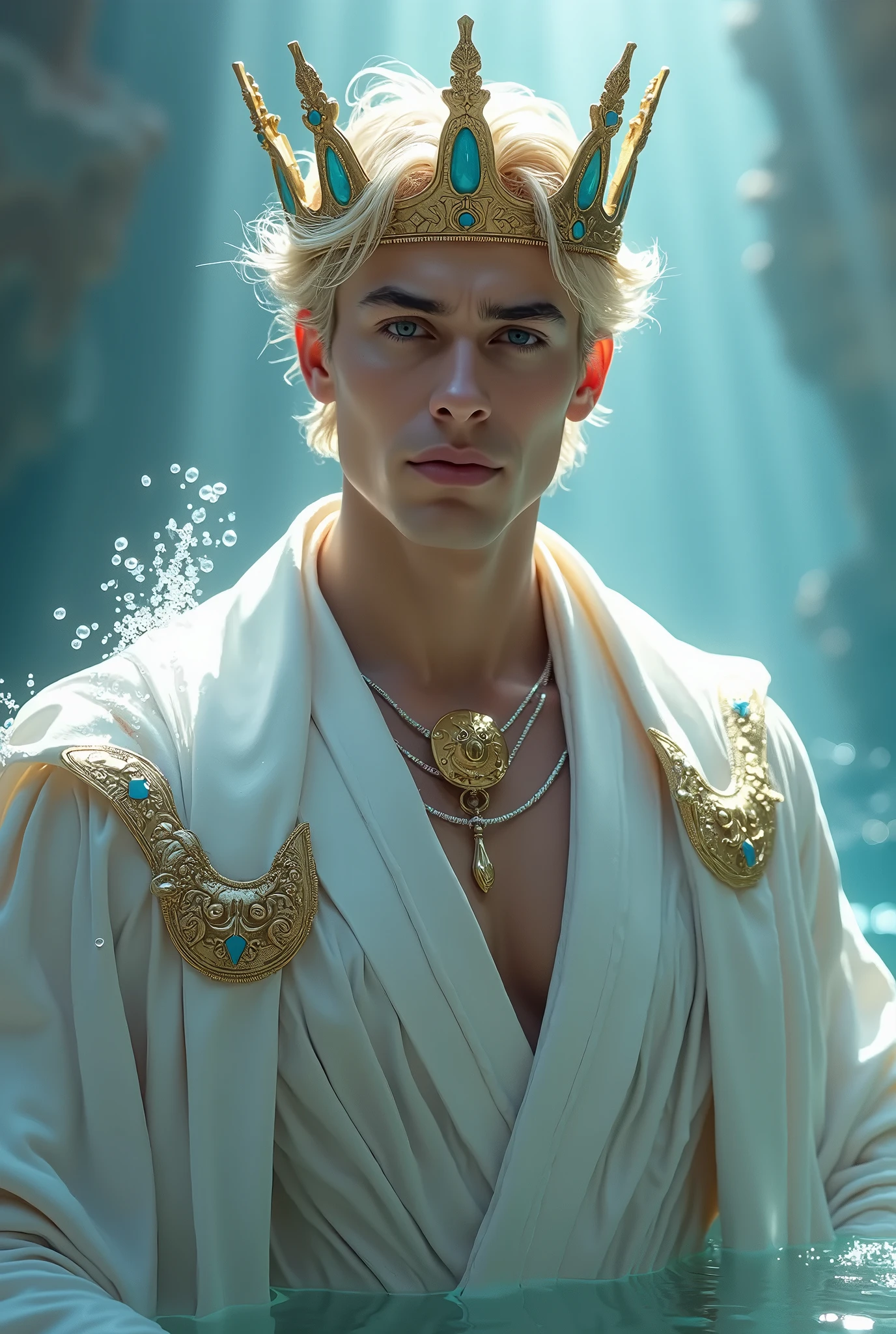 Arafed man in a white robe and gold crown in the water - SeaArt AI