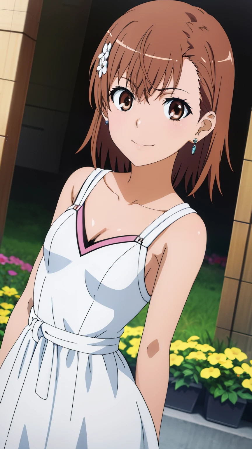 (masterpiece, best quality, high resolution, 8k:1.2), (anime coloring:1.2), highly detailed, beautiful eyes, perfect eyes, fine eyes, brown eyes, featuring big highlights, detailed face, highly detailed, fine eyes, symmetrical eyes, one girl, alone, Misaka Mikoto, brown hair, short hair, hairpin, (small breast), slim body, (white dress, earrings, flower field, smile), looking at the viewer, in the center of the image, (beautiful_chest:1.1), (beautiful_face:1.2), (beautiful_waist:1.2), (cowboy shot), dutch angle,