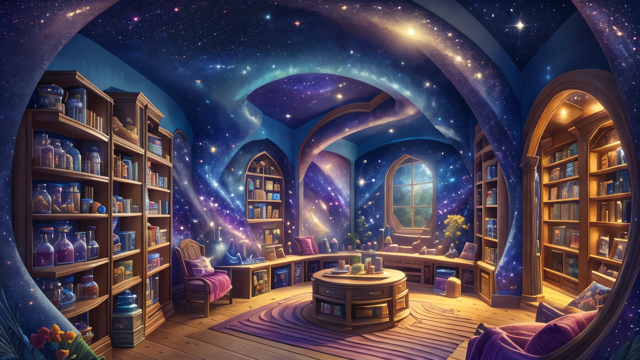 masterpiece, best quality, 8k, panoramic view, secret room, Shelves full of colorful potions decorated the room. walls and ceilings with images of the galaxy