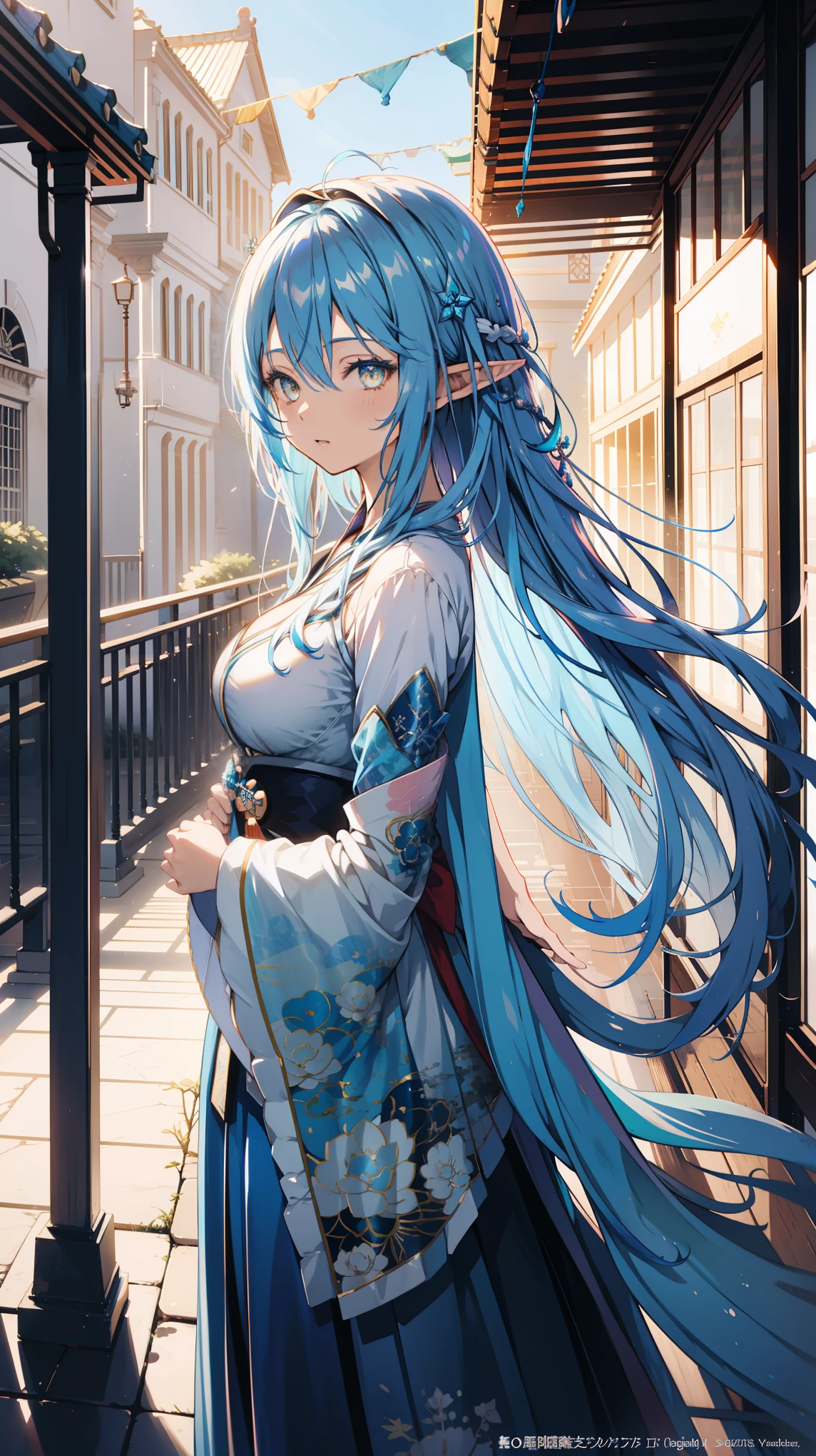 Anime Girl, Fantasy illustration, Flowing hair，Blue Japanese style long skirt，Transparent Clothes， Beautiful young elf, Dark blue hair，Medium to short hair，Hair editing，hat，Happy，Beautiful fantasy anime, 闪亮Flowing hair, Ethereal Anime, Beautiful anime artwork, Beautiful digital artwork, Anime Fantasy Artwork，Snowflake Rummy