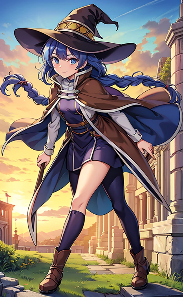 (masterpiece), (Best quality), (Very detailed), (high resolution), (8Khighres), (cel anime), (detailed beautiful face and eyes), (textile shading), (full body), Ancient Castle, (roxy migurdia), blue eyes, blue hair, bangs, brown cape, witch hat, braid, small breasts, walking, light smile,,