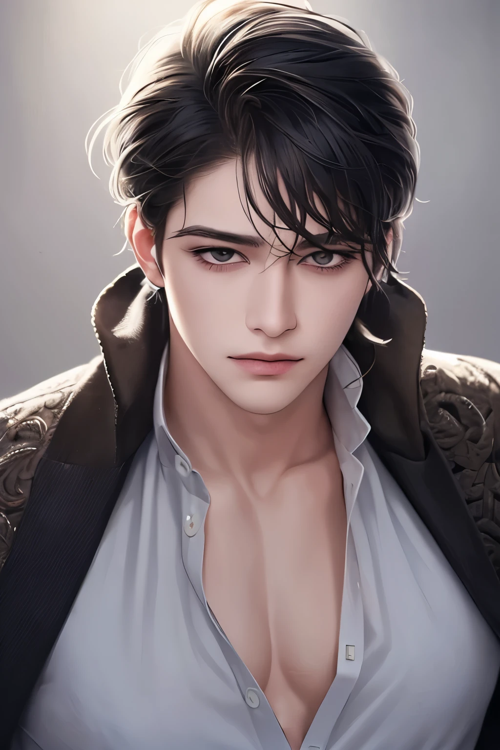 (masterpiece, best quality:1.2), (absurd res, high res, ultra detailed), 1 male, adult, handsome, tall muscular guy, broad shoulders, shiny black hair, finely detailed eyes, portrait, looking at viewer, solo, half shot, detailed background, detailed face, (gothic), high fantasy, Molten grey eyes, scar on right eyelid, smirk, look at camera, blouse, simple clothing, open chest, shirt unbuttoned