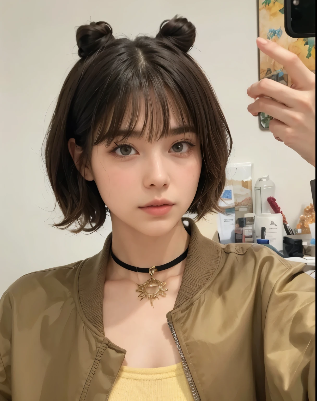 masutepiece, Best Quality, Illustration, Ultra-detailed, finely detail, hight resolution, 8K Wallpaper, Perfect dynamic composition, Beautiful detailed eyes, Gorgeous black fluffy Tokyo winter clothes,random cute hair,small tits,Natural Color Lip, Bold sexy poses,Smile、20 years girl、Cute、Sexy shot looking at camera,常にBlur the background,Perfect and beautiful face,Take only the face,beautiful and detailed face、slim face and style,Big eyes、Do gal makeup、Living room of luxury designer tower apartment、Blur the background、Cute hairstyles、pretty pose、Take a photo through the mirror
