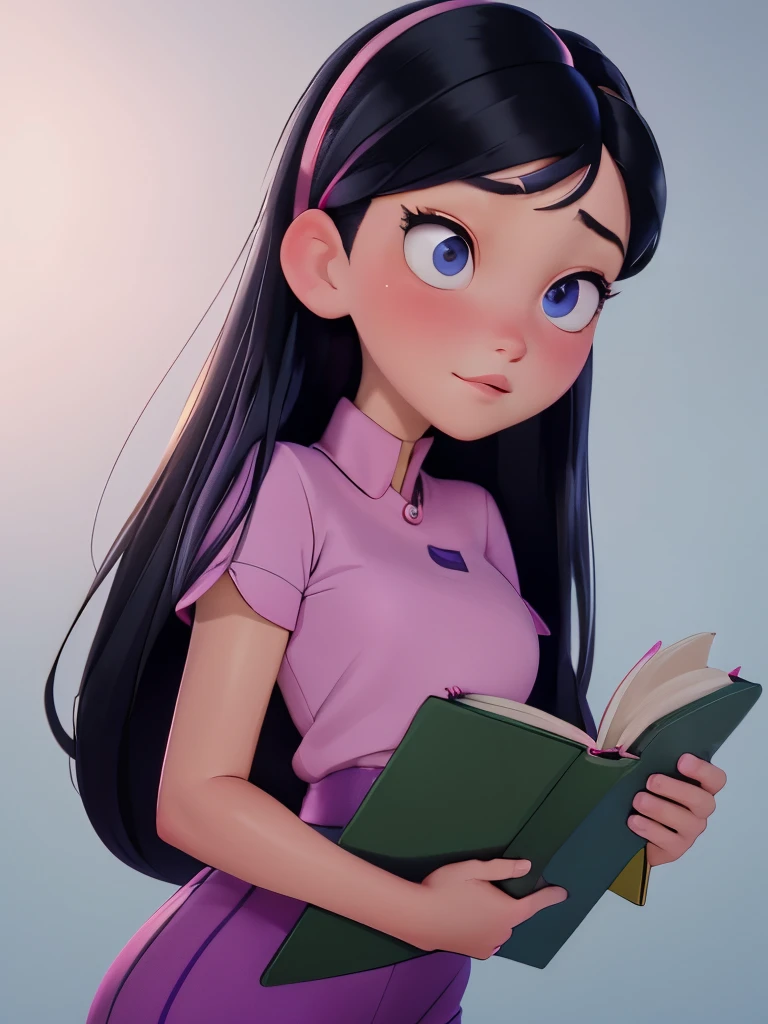 (best quality:1.4),(shiny skin), body focus, (cute face), (((best quality))), illustration, ((Beautiful Finger)), , Beautiful body, Beautiful character design, ,perfect lighting, Colorful, Bright_Front_face_Lighting, ultra high res, highres, absurdres:1.2, bokeh:1.2, lens flare, (vibrant_color:1.2), (Beautiful, medium breasts:1.2), (thick thighs:1.1), THICK, 
holding green folder or book, small nose, long black hair with pink hair clip, purple shirt, looking sideways, pink blush on cheeks, large blue eyes, white left eye with black pupil visible