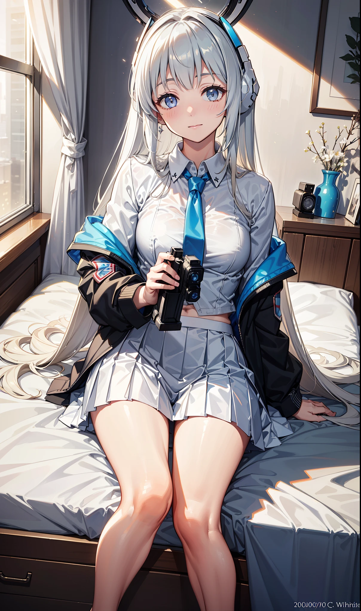 (Exquisite Tidal Noa), 8K, Ultra-high resolution, (masterpiece:1.2), (, Delicate and beautiful eyes), Extremely subtle, solitary, Real light and shadow, eternal, Natural Movement, rest (Blue tie, White shirt, Open front jacket, Long sleeve, White skirt, Pleated skirt black leggings), Mechanical housing，bedroom，Dark，Holding a pistol