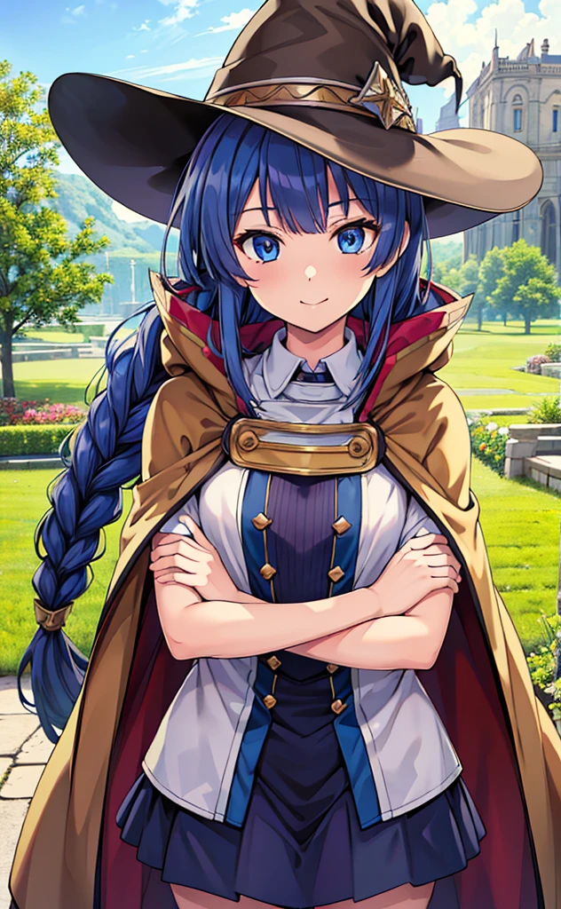 (masterpiece), (Best quality), (Very detailed), (high resolution), (8Khighres), (cel anime), (detailed beautiful face and eyes), (textile shading), (cowboy shot), Ancient Castle, (roxy migurdia), blue eyes, blue hair, bangs, brown cape, witch hat, braid, small breasts, crossed arms, light smile,,