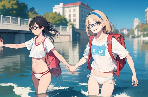 masterpiece, best quality, 2girls, (closeup), 18yo teen, slim, small breast, smile, walking in water, white t-shirt, white panties, goggles on head, (backpacks), blue sky, bright sunlight, (flood:1.2), street under water, city ruins, watercolor