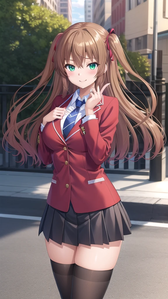 ((masterpiece)),(best quality),official art,extremely delicate and beautiful,extremely detailed CG,unity 8k wallpaper,ultra detailed,beautiful detailed eyes,extremely detailed face,outdoors,1girl,solo,cowboy shot,looking at viewer,facing viewer,smile,Tomizawa Erisu,long hair,brown hair,twintails,two side up,hair ribbon,red ribbon,sidelocks,hair between eyes,bangs,green eyes,school uniform,red jacket,blazer,buttons,blue necktie,collared shirt,white shirt,large breasts,long sleeves,miniskirt,black skirt,pleated skirt,zettai ryouiki,black thighhighs,loafers,brown footwear,